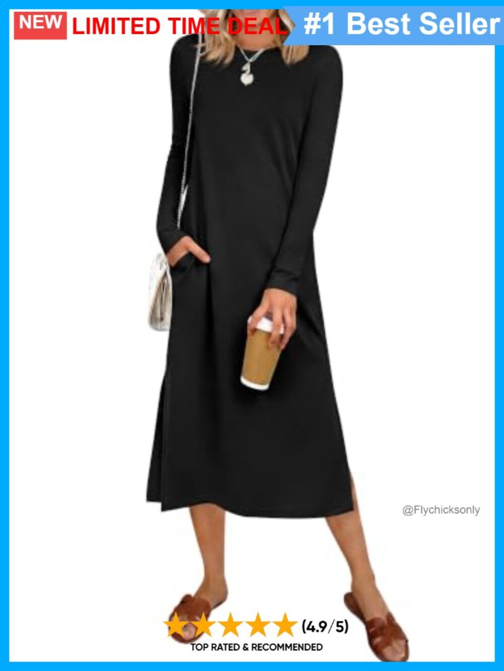 Wrinkle Free Long Sleeve Midi Shift Dress with Pockets